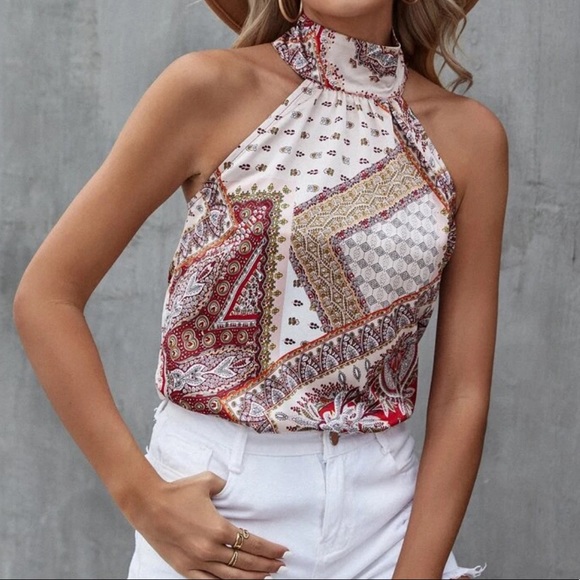 Boho paisley print button back halter top - Picture 13 of 16